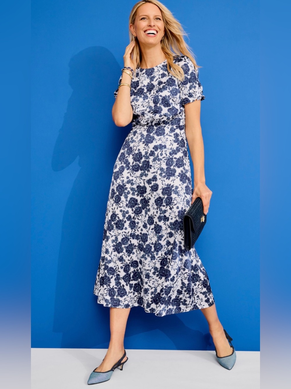 Talbots Blue & White French Floral Short Puff-Sleeve Midi Dress size 8